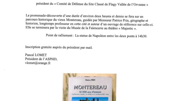 Pascal LOMET vous informe qu’une Promenade-Découverte de Montereau est programmée, le mercredi 15 mai 2024 en collaboration avec “l’association de Villemaréchal”